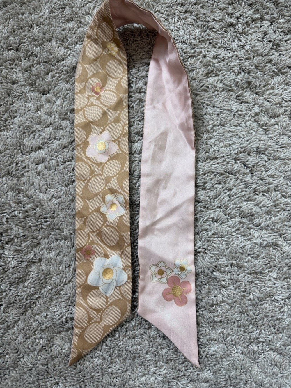 Coach Two-Tone Floral Silk Twilly in Beige and Blush Pink